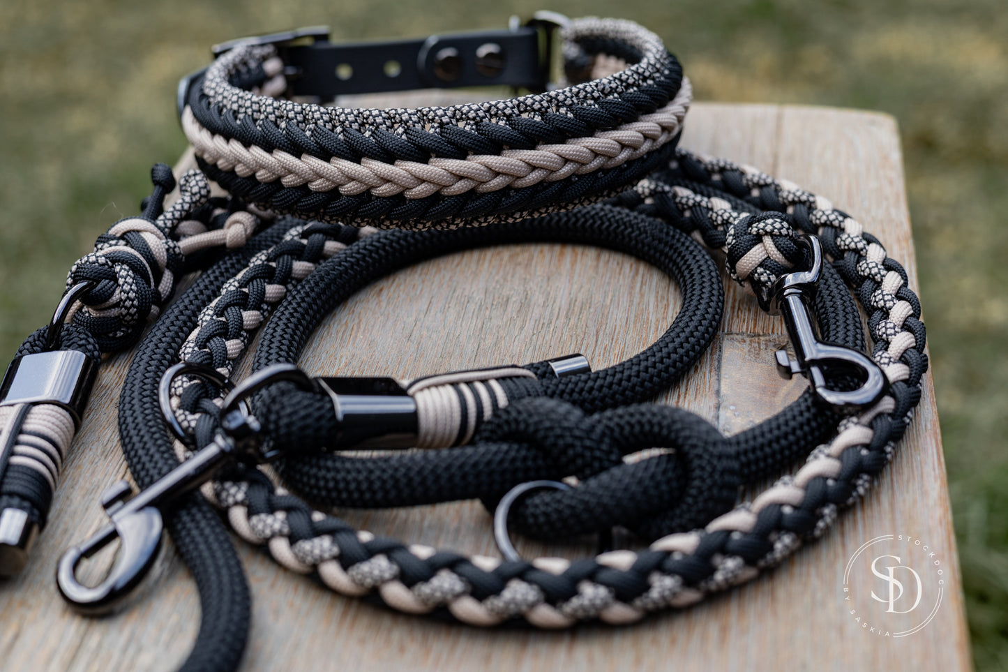 Halsband Rom & Paracord Tau Leinen Set - Black x Mokka