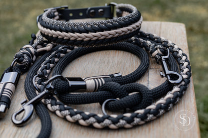 Halsband Rom & Paracord Tau Leinen Set - Black x Mokka