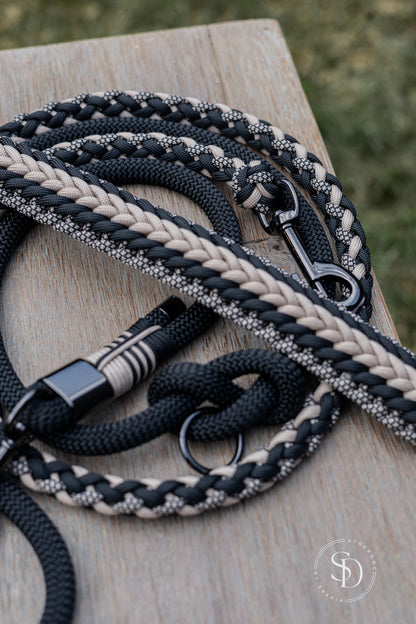 Halsband Rom & Paracord Tau Leinen Set - Black x Mokka