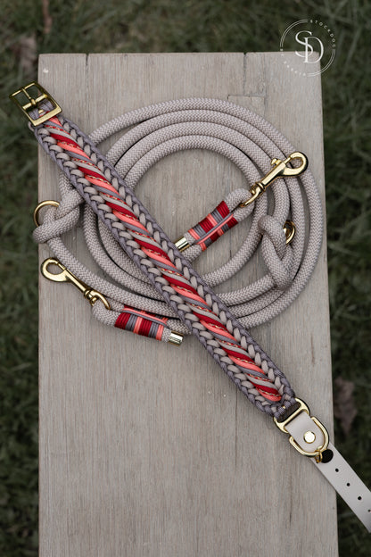 Halsband Vancouver 2.0 mit Tau Leine - Beige x Red