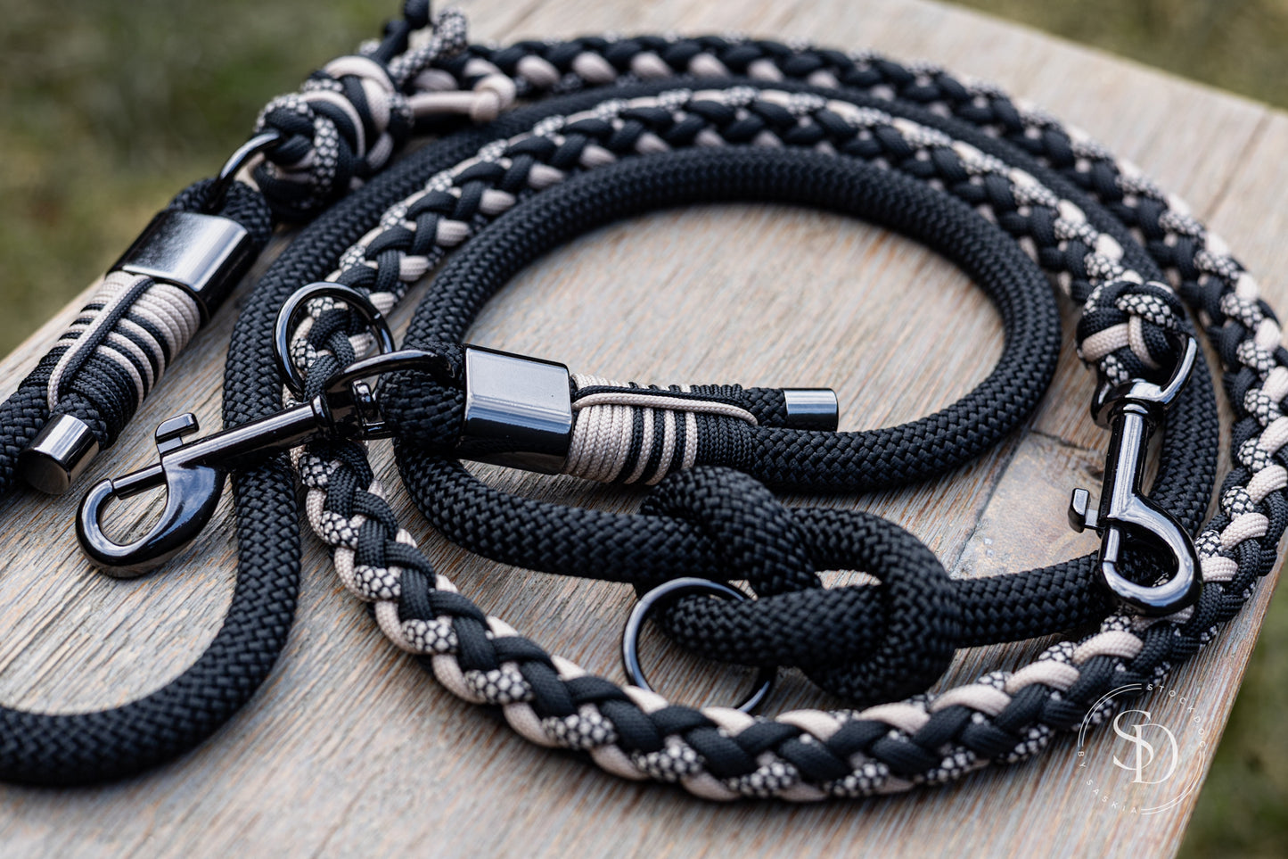 Halsband Rom & Paracord Tau Leinen Set - Black x Mokka